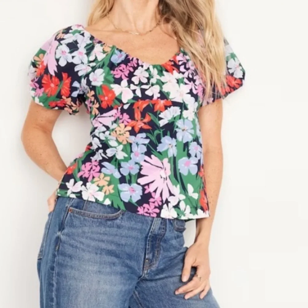 Old Navy Size XL Trapeze Blouse Top Floral Puff Short Sleeve Wide Neck Bohemian